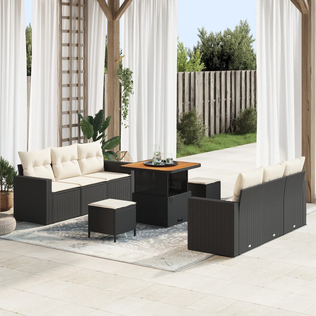 vidaXL Set de canapea pentru grădină, 9 piese, cu perne, din rattan negru și plastic