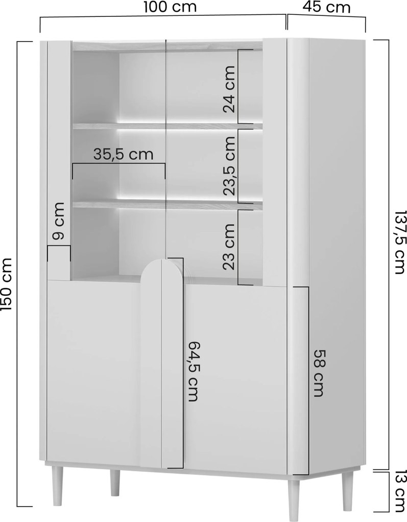 Vitrină cu picioare Amilio 100 cm, două uși - eucalipt / stejar baltic dune / mânere stejar natural