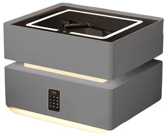 Noptiera inteligenta cu incarcare wireless, iluminare LED, 2 sertare de depozitare, senzor de lumina nocturna si incuietoare codificata &ndash; gri antracit, design modern din sticla si lemn