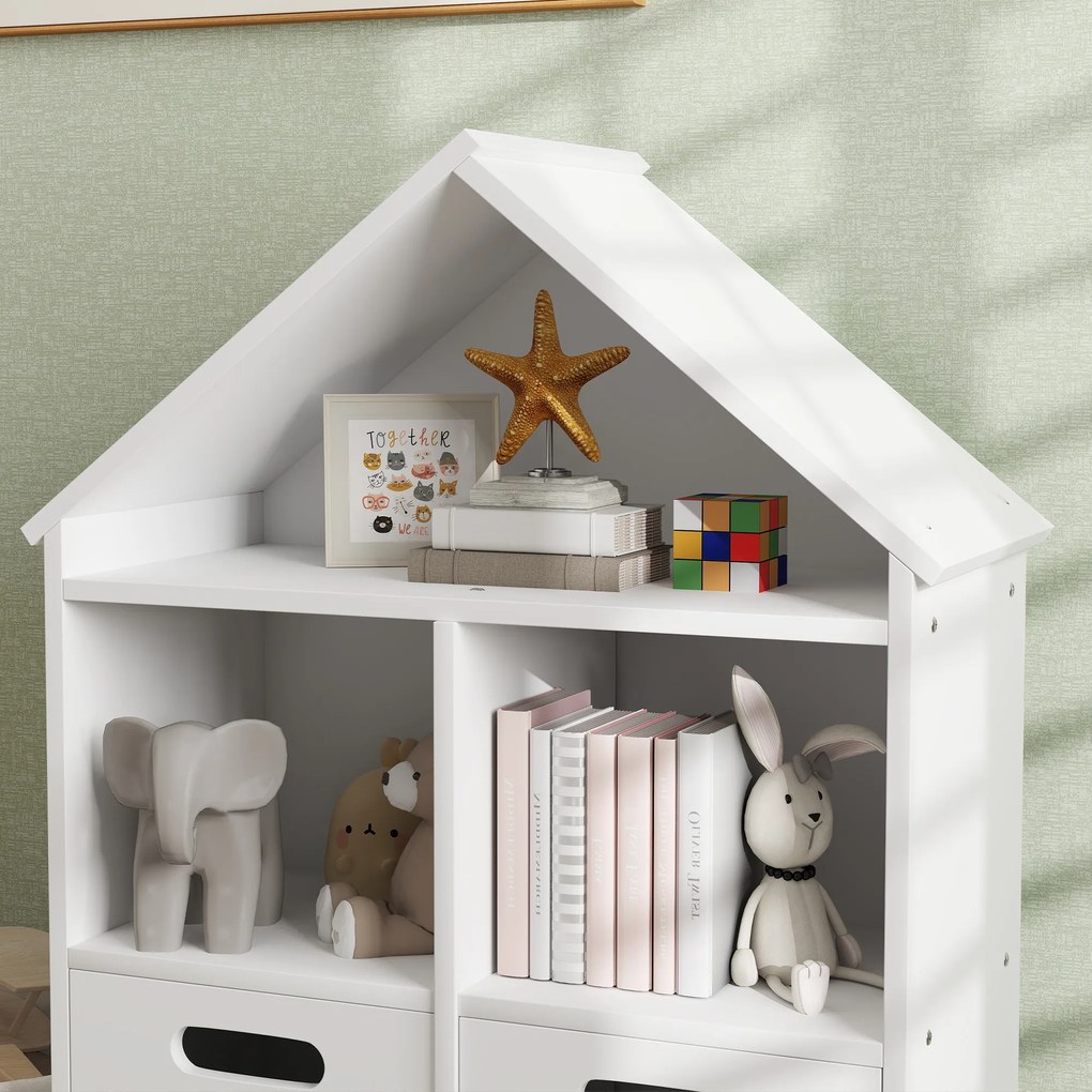AIYAPLAY Bibliotecă pentru copii mobilier de depozitare pentru copii 3 nivele cu două sertare formă de casă 63,7 x 29,7 x 89 cm alb | Aosom Romania