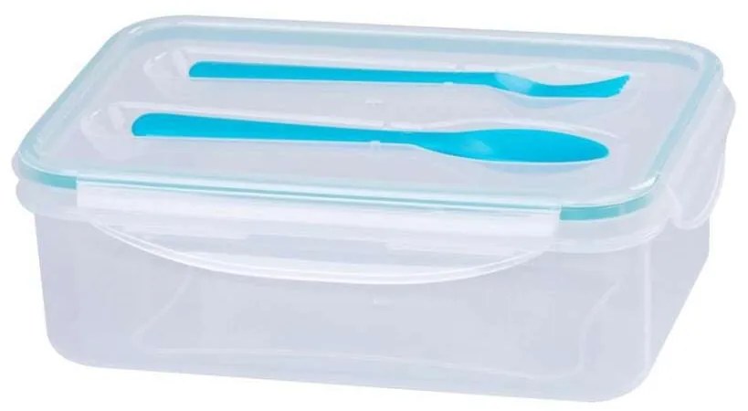 Cutie caserola alimente, plastic, etansa, albastru, 1 compartiment, cu lingura si furculita, 1.5 L,