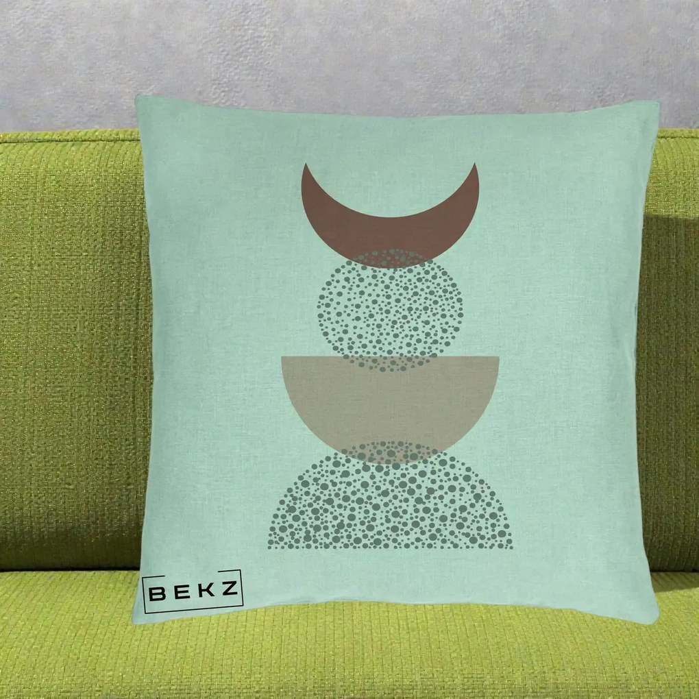 Perna Decorativa Boho Luna Plina si Forme Punctate, 40x40 cm, Verde Menta, Husa Detasabila, Perna Inclusa, BEKZ®