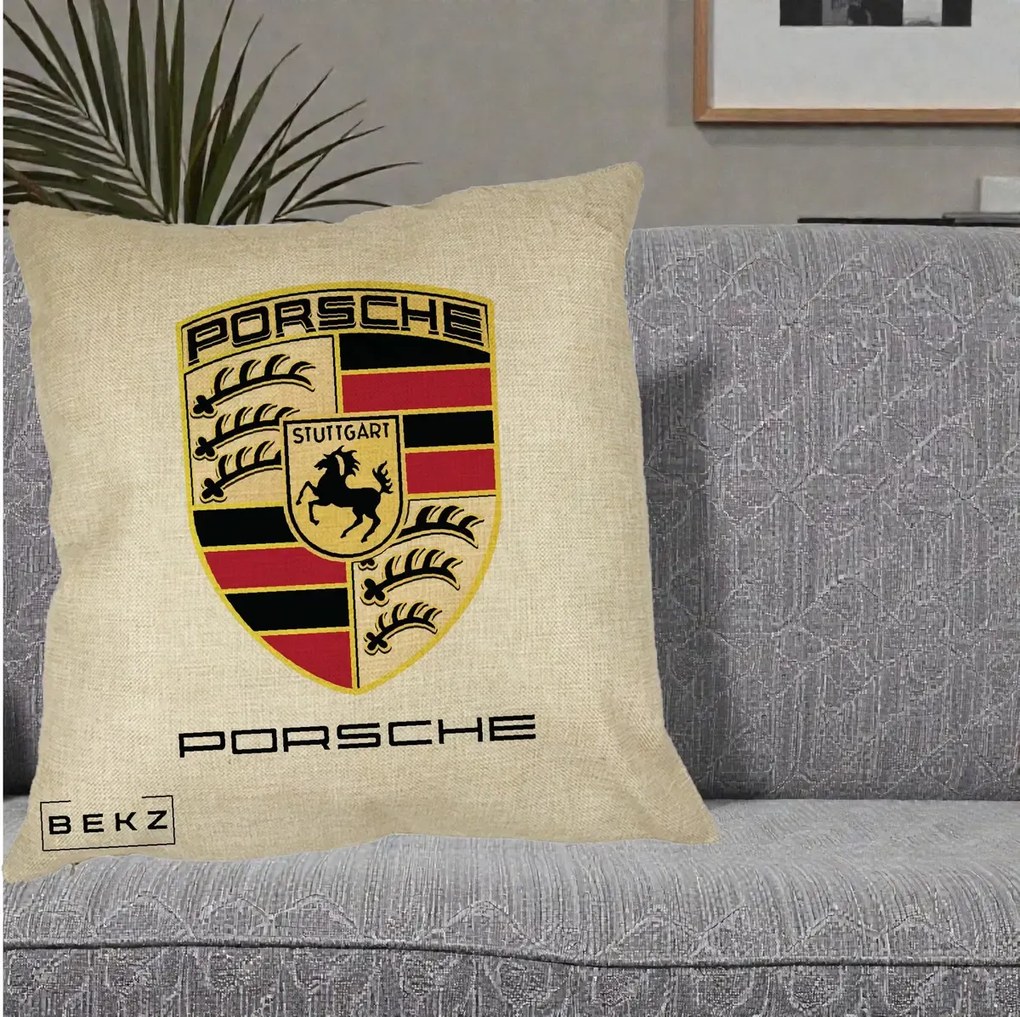 Perna Personalizata Porsche Stuttgart, 40x40 cm, Crem, Husa Detasabila, Perna Inclusa, BEKZ®