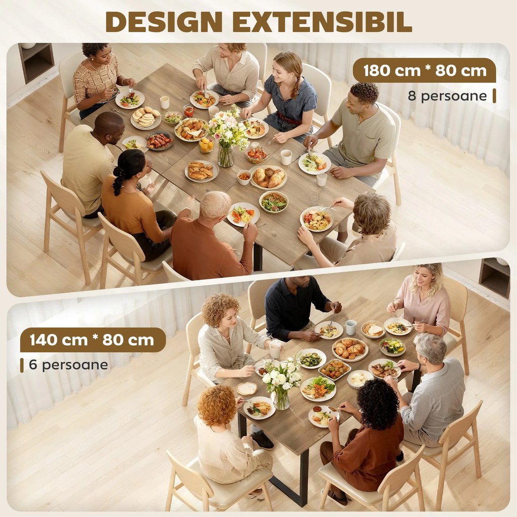 HOMCOM Masă de Luat Masa Extensibilă pentru 6-8 Persoane cu Panouri Detașabile, 140-180cm Masă Rectangulară Extensibilă cu Bază din Oțel, Stil Industrial, pentru Sufragerie, Culoare Lemn | Aosom Romania