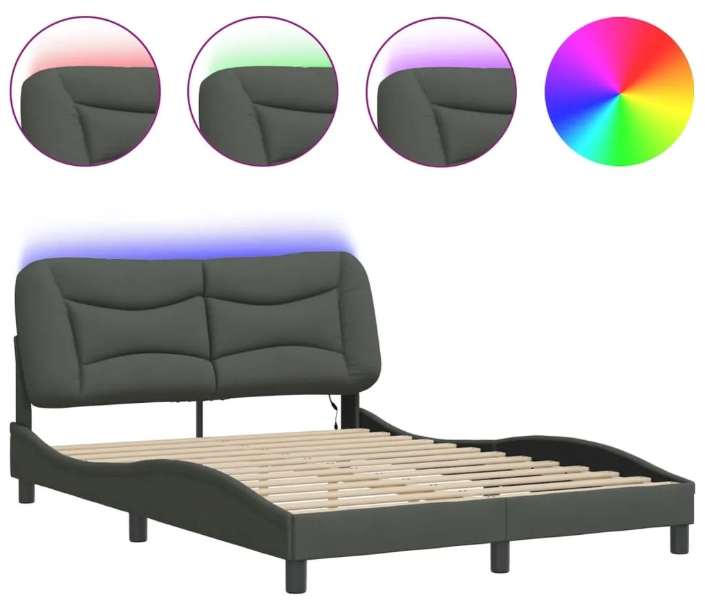 3213705 vidaXL Cadru de pat cu lumini LED, gri închis, 140x200 cm, textil