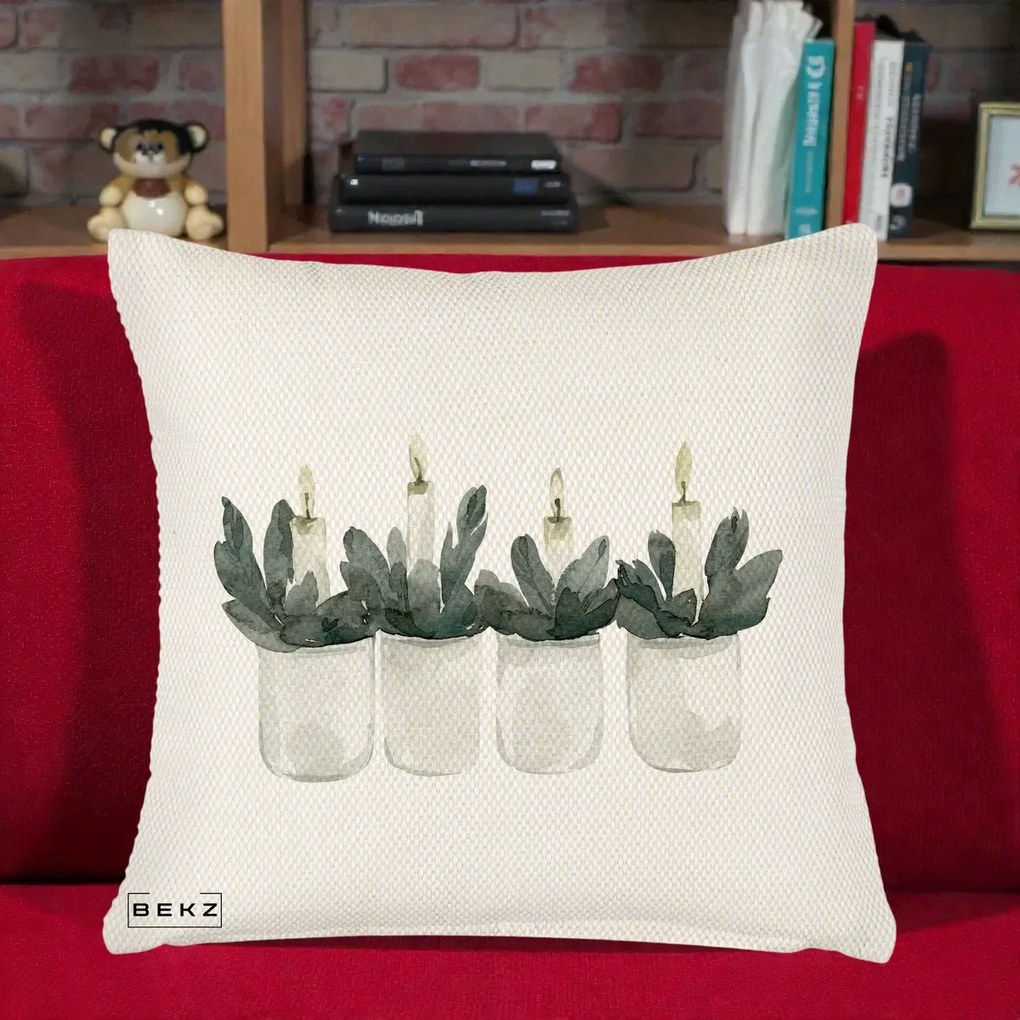 Perna Decorativa Lumanari in Borcane cu Eucalipt, 40x40 cm, Crem Reliefat, Husa Detasabila, Perna Inclusa, BEKZ®