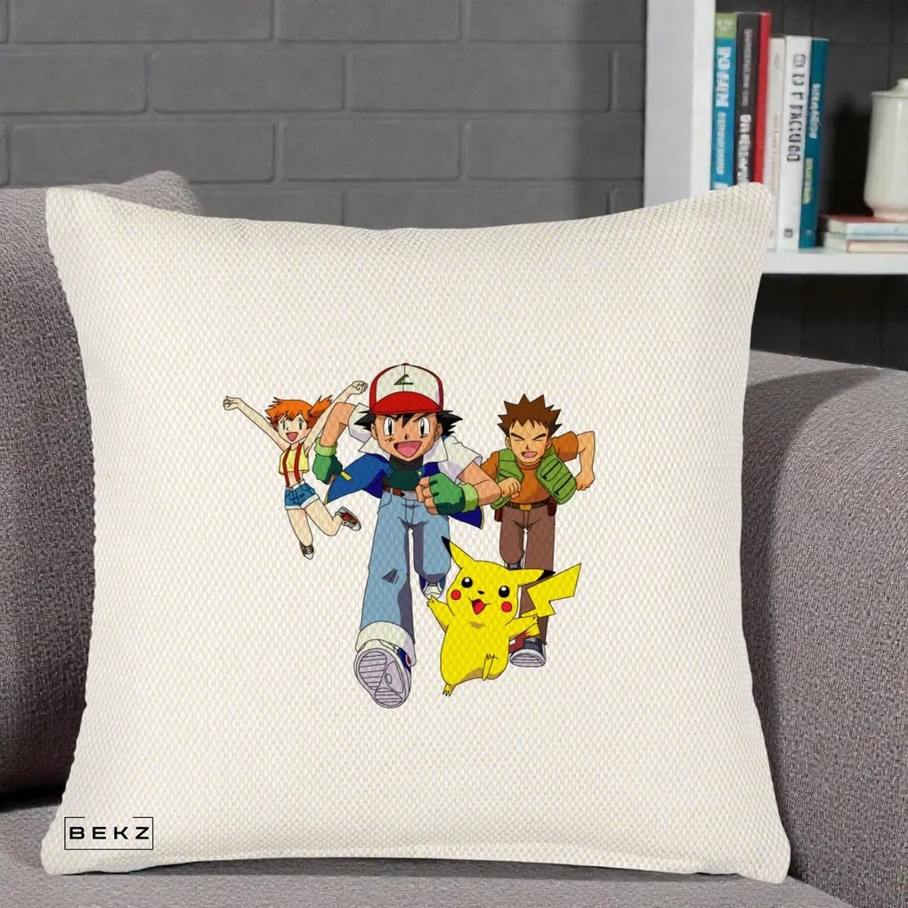 Perna Personalizata Pokemon Ash Misty Brock si Pikachu, 40x40 cm, Crem Reliefat, Husa Detasabila, Perna Inclusa, BEKZ®