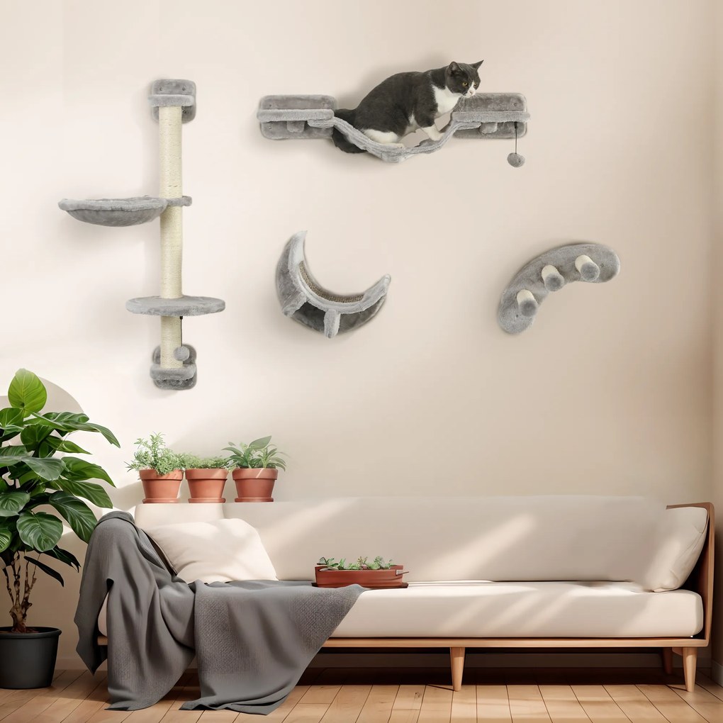Set Mobilier Perete pentru Pisici, Platforme, Hamac, Scară și Stâlpi de Scrăcătat, Până la 5 kg, Confortabil și Sigur | Aosom Romania