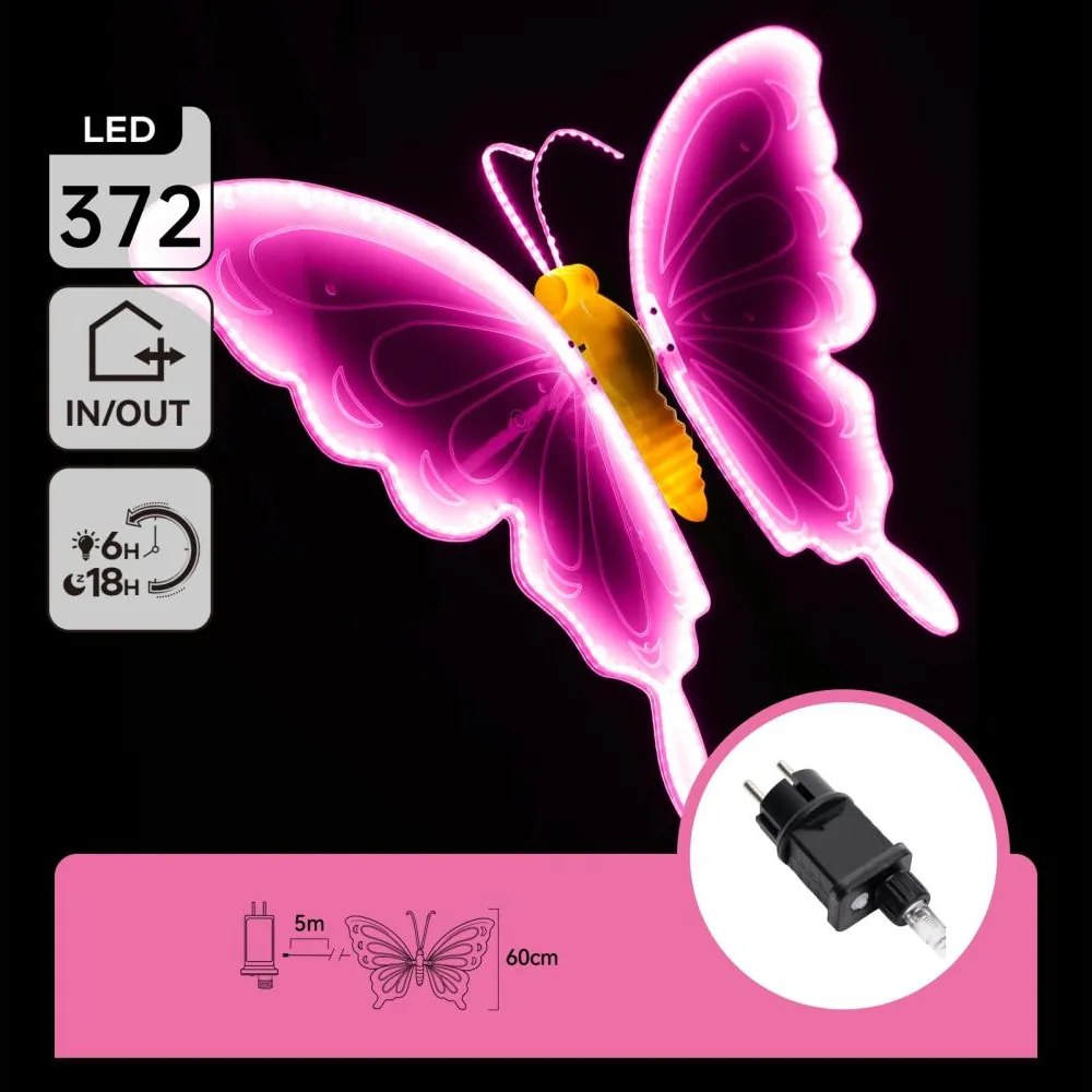 Aigostar - LED Decorațiune de exterior 372xLED 60 cm IP44 fluture/roz