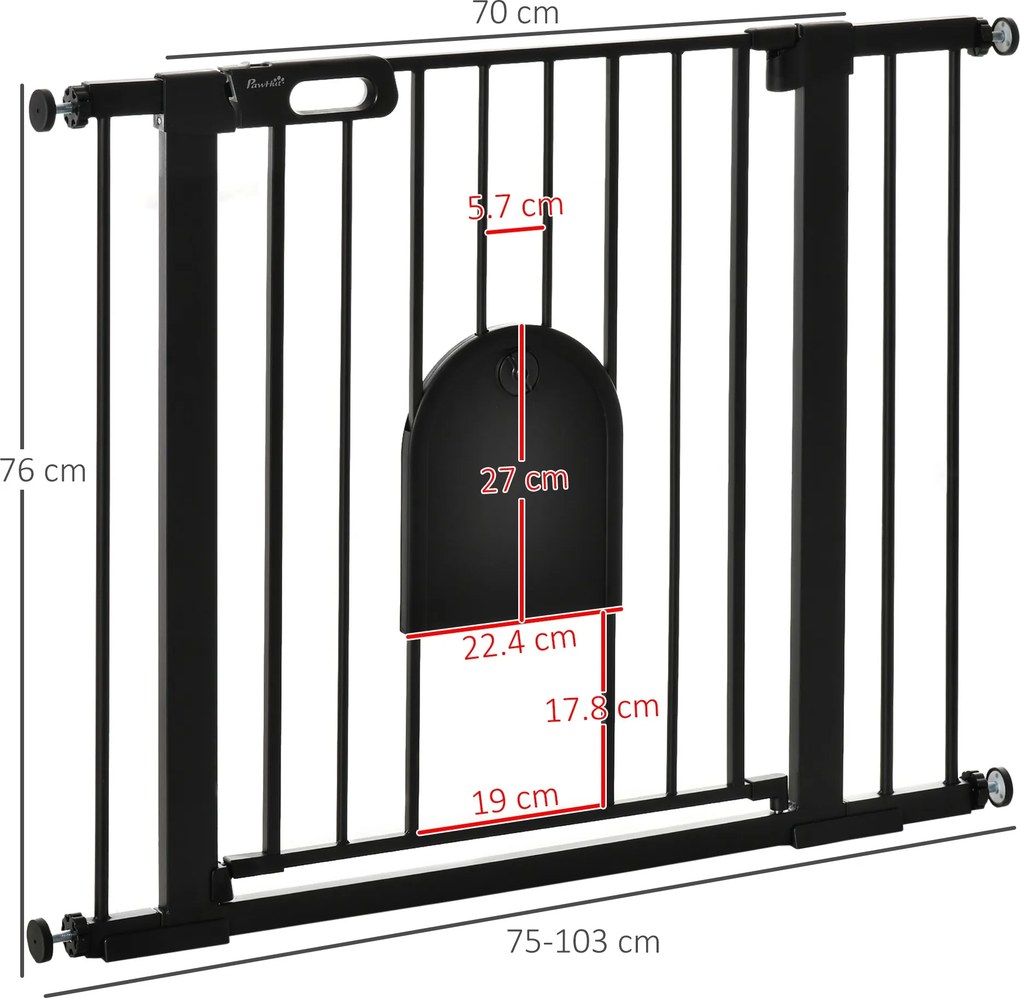 PawHut Barieră Reglabilă pentru Câini cu Ușă Mică, Montare prin Presiune și Închidere Automată, 75-103x76 cm, Negru | Aosom Romania