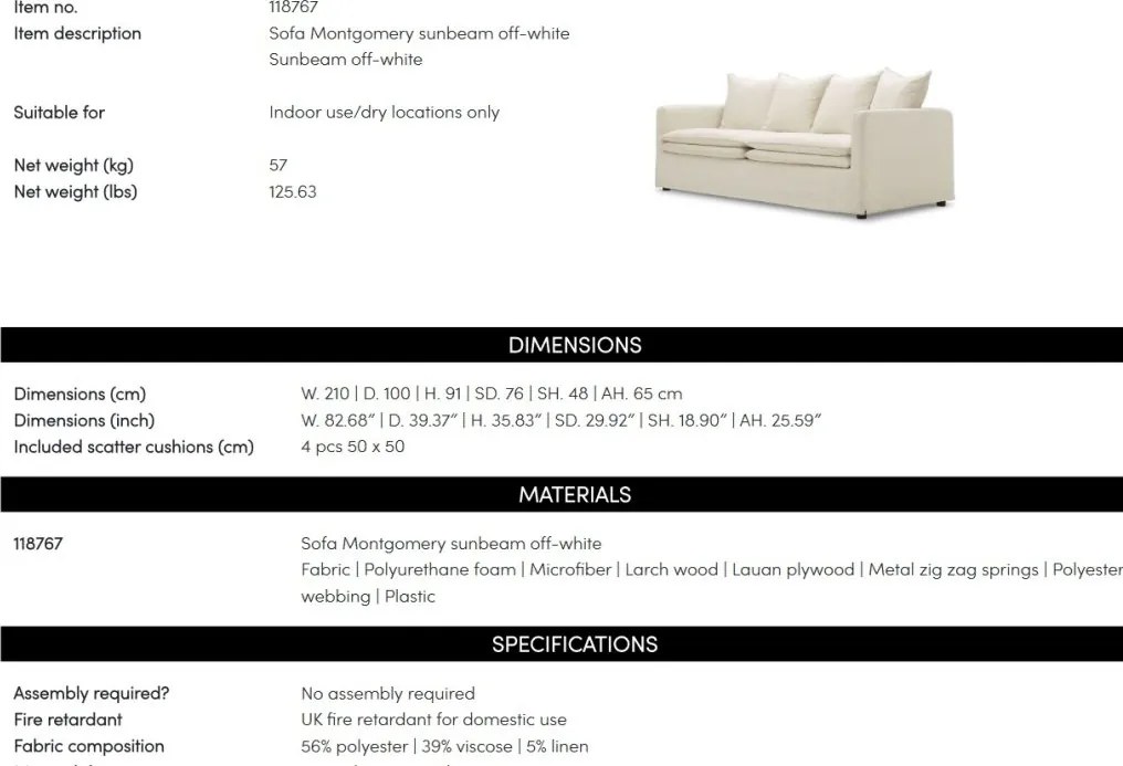 Canapea design LUX Montgomery, Sunbeam off-white