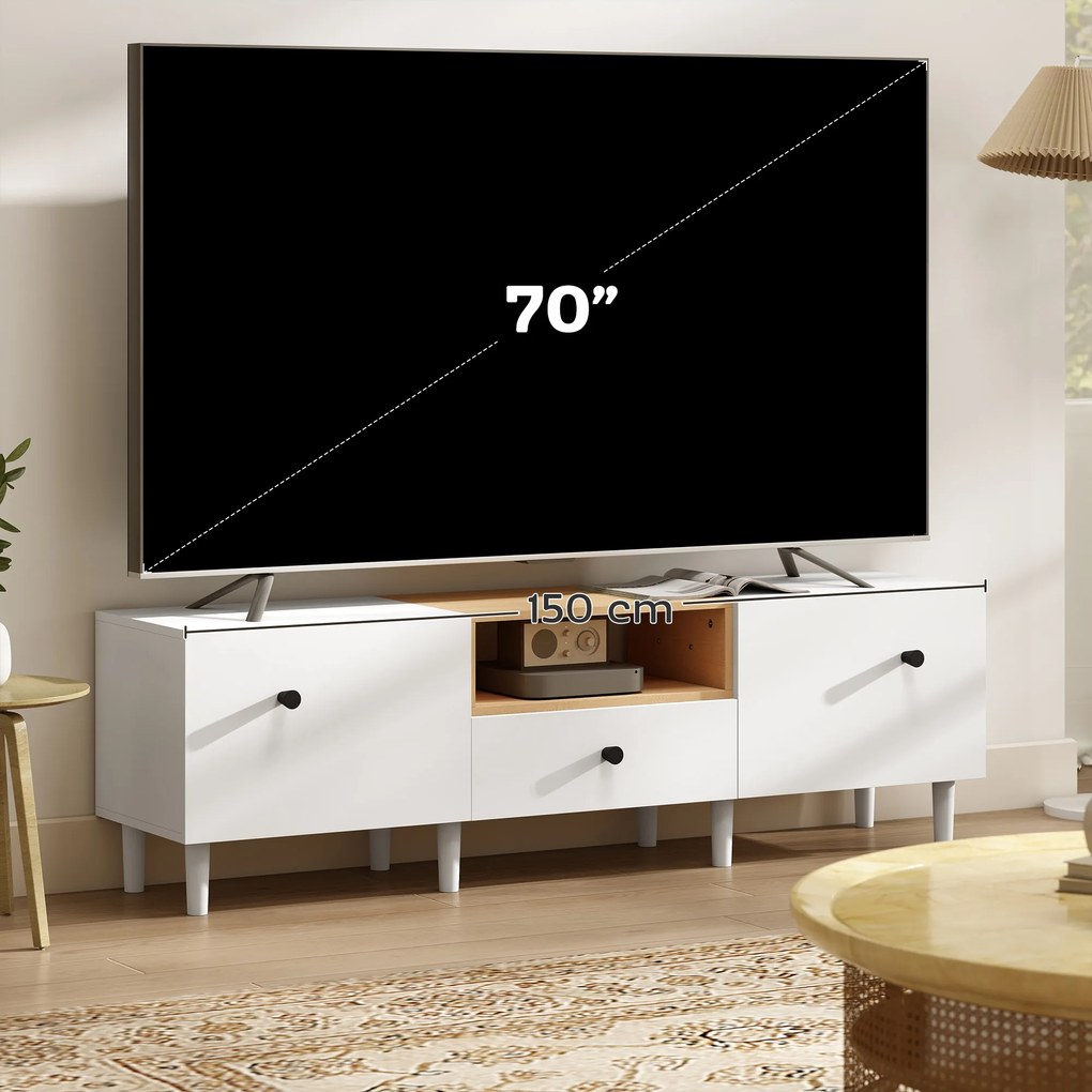 HOMCOM Mobilier TV, Suport TV până la 70" cu 2 Uși Rabatabile, Balamale Soft Close, Sertar, Raft Deschis, 8 Picioare pentru Sufragerie, Dormitor, 150x35x45 cm, Alb și Culoare Lemn | Aosom Romania