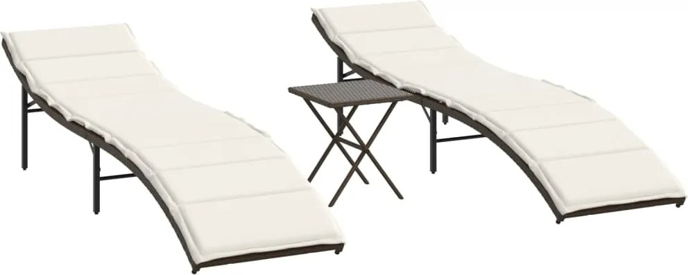 vidaXL Șezlonguri de plajă cu masă, 2 buc., maro, poliratan