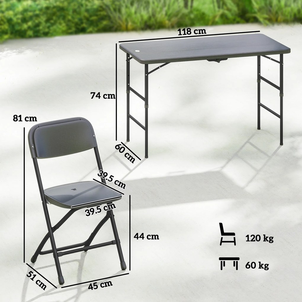 Outsunny Set Masă și Scaune Pliabile de Grădină, 5 Piese, Masă Reglabilă cu Blat HDPE Efect Lemn și 4 Scaune, Set Mobilier Exterior pentru Terasă și Balcon, Gri Închis | Aosom Romania