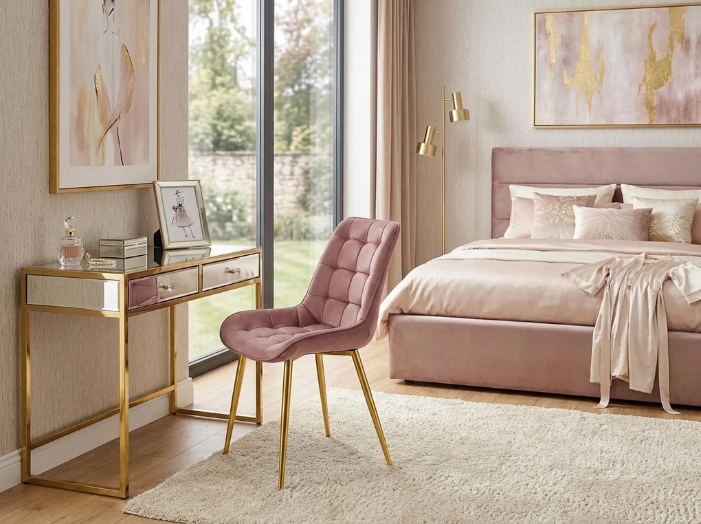 OFERTA Scaun de catifea roz inchis BERA cu picioare aurii II. calitate
