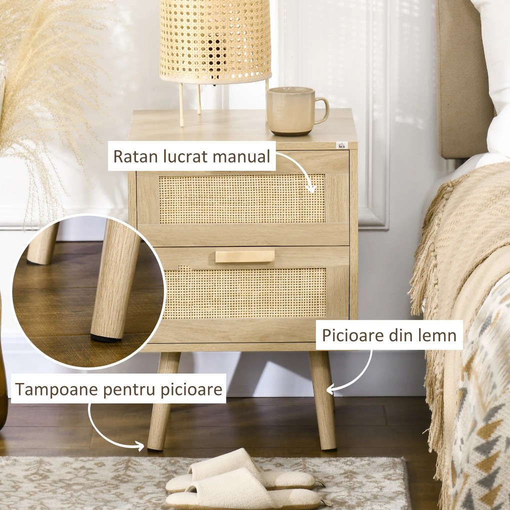 HOMCOM Noptiera pentru Dormitor cu 2 Sertare, Masuta de cafea in Stil Boho Elegante, 40x40x56cm, Culoare Lemn Natur | Aosom Romania