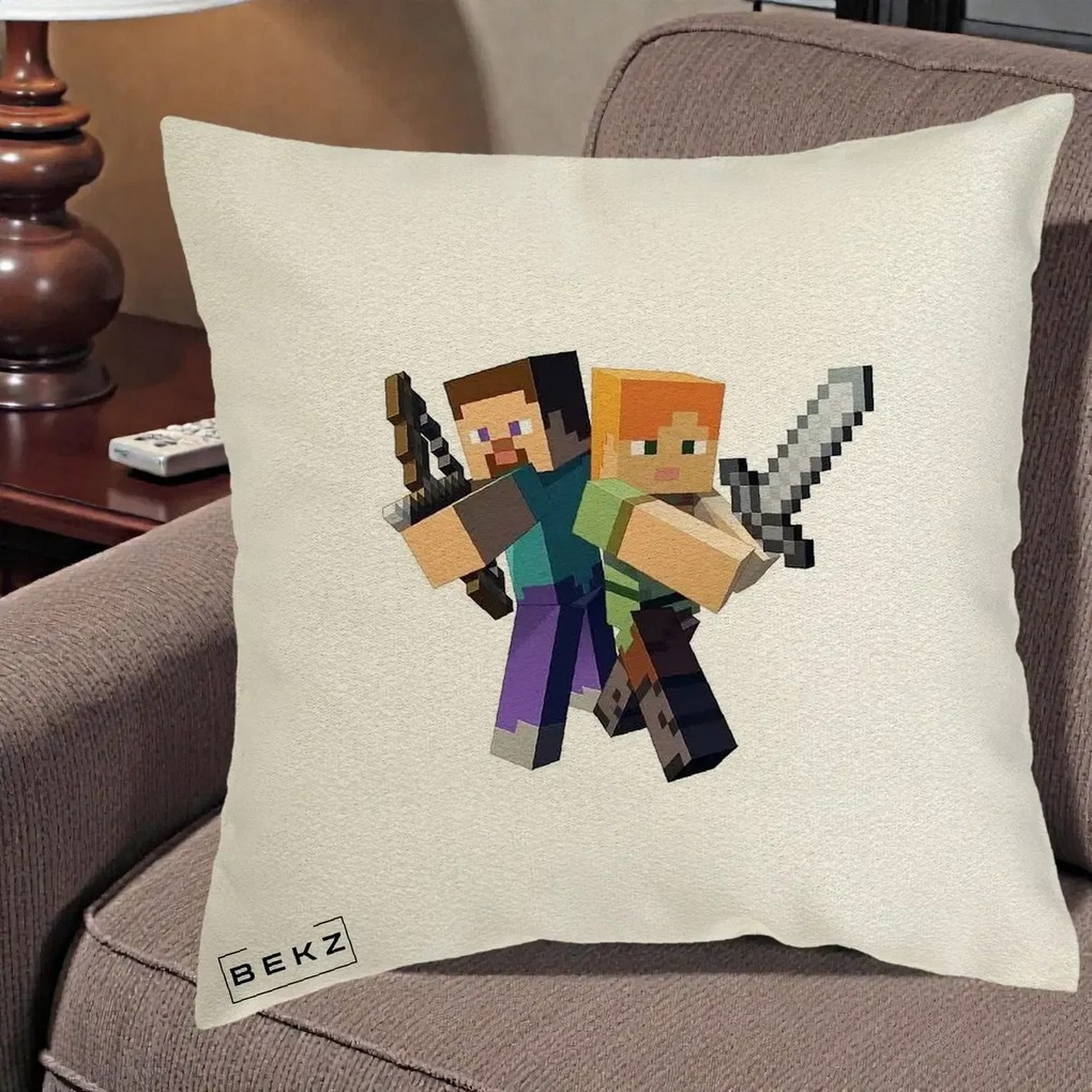 Perna Personalizata Minecraft Steve si Alex, 40x40 cm, Ecru, Husa Detasabila, Perna Inclusa, BEKZ®