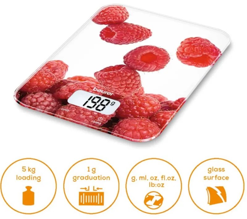 Cantar de bucatarie Beurer KS 19 Berry, Pana la 5 kg, Tare, Control tactil, LCD, Sticla, Rosu
