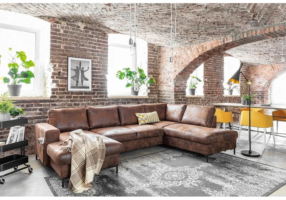 Canapea extensibilă în formă de „U” din imitație de piele cu șezlong pe partea dreaptă Miuform Lofty Lilly Vintage, maro