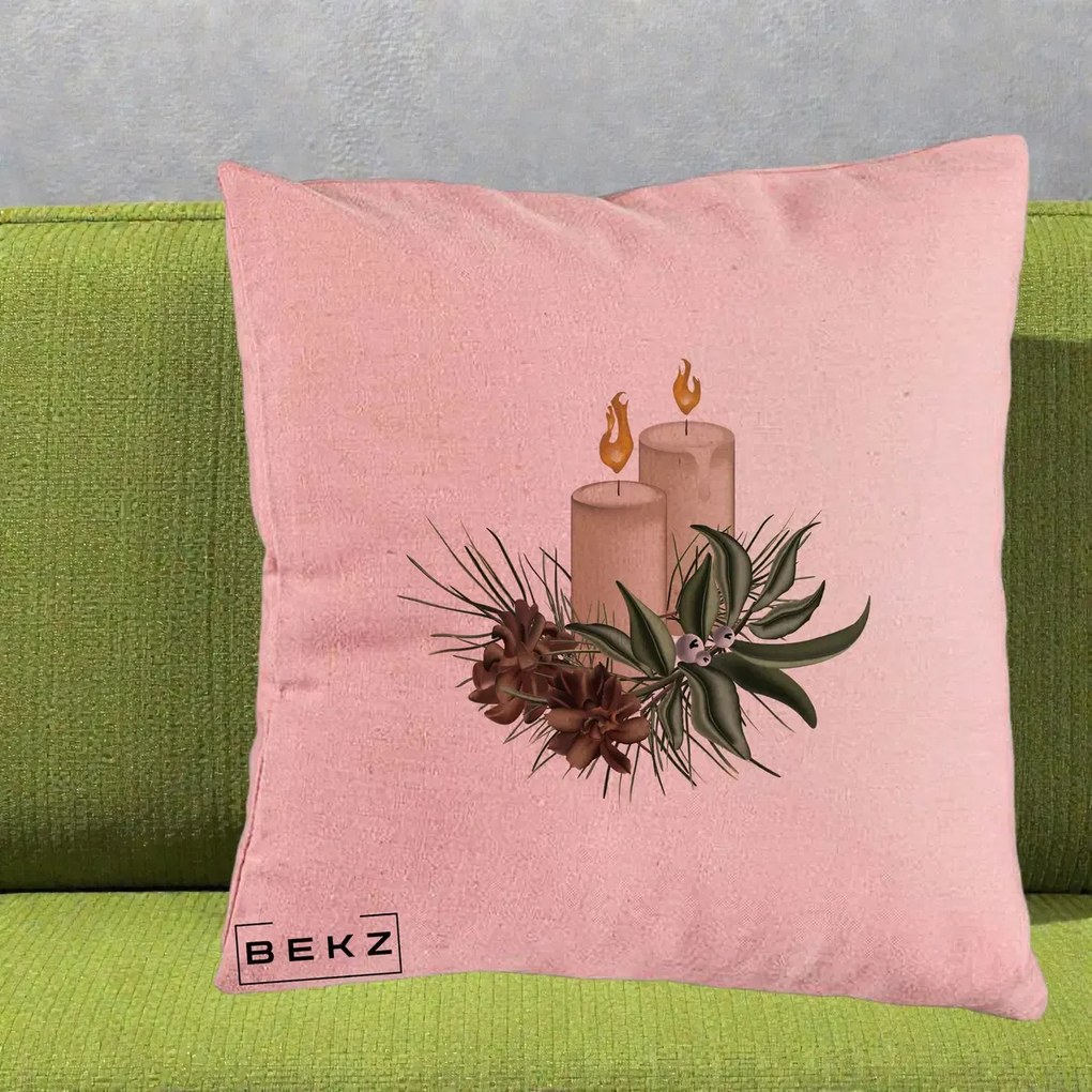 Perna Decorativa Lumanari cu Ilex si Conuri Ilustratie, 40x40 cm, Roz, Husa Detasabila, Perna Inclusa, BEKZ®