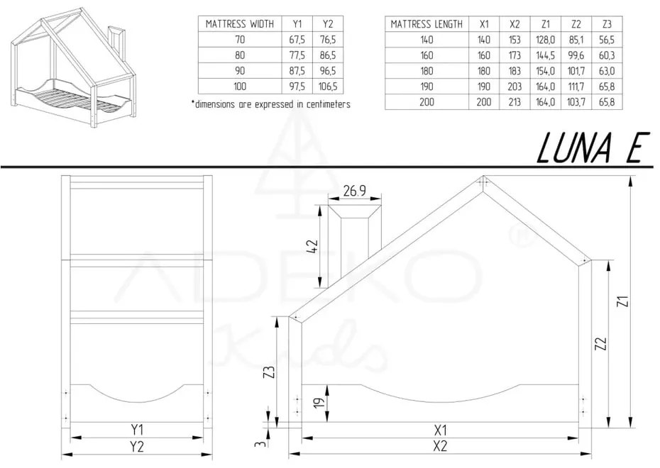 Pat din lemn de pin în formă de căsuță Adeko Luna Elma, 90 x 180 cm