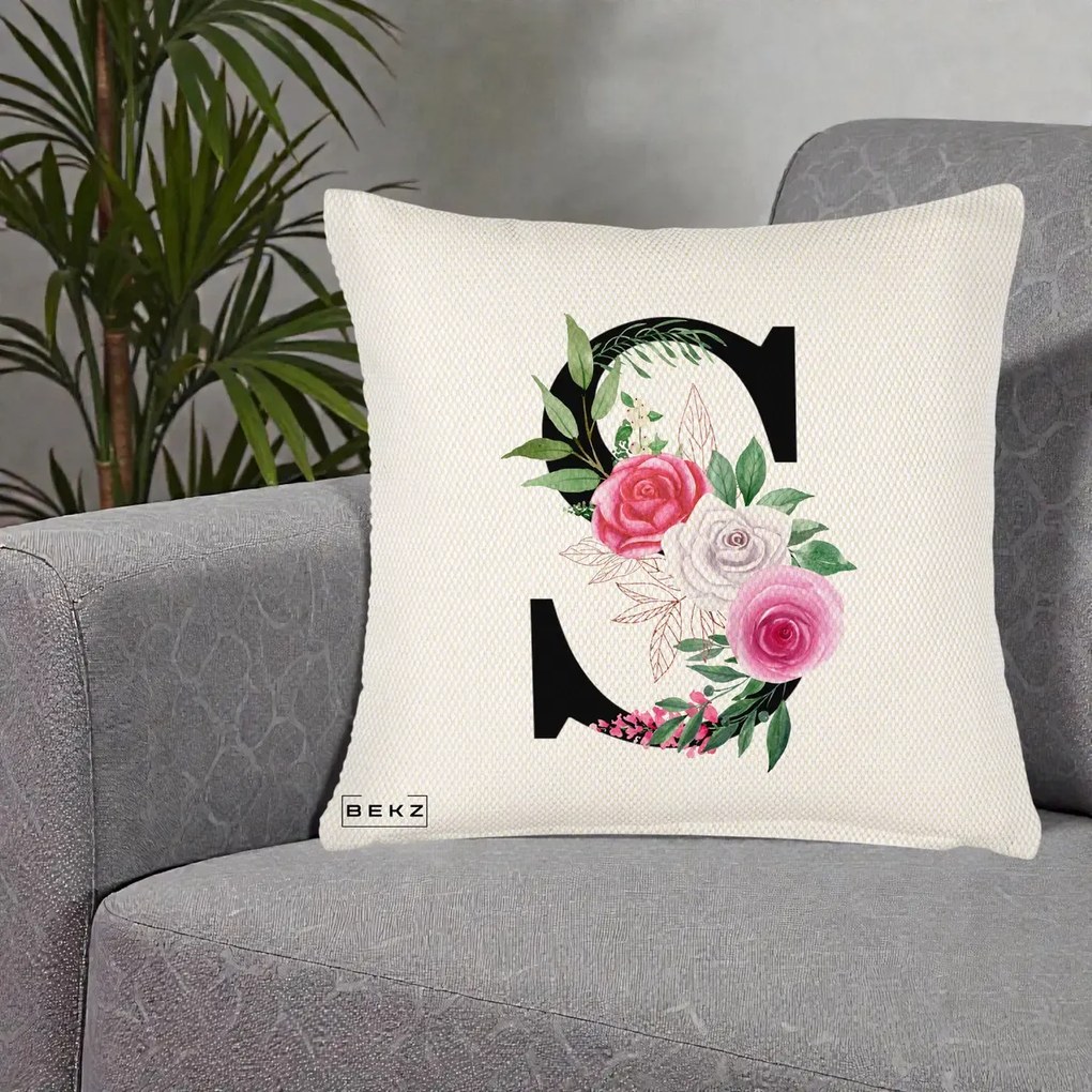 Cadou Personalizat - Perna Personalizata Monograma Florala Litera S, 40x40 cm, Crem Reliefat, Husa Detasabila, Perna Inclusa, BEKZ®