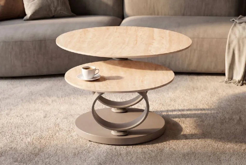 Masuta de cafea moderna cu doua blaturi rotative din ceramica DANCING RINGS 80-135cm
