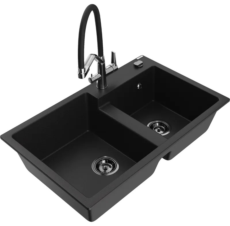 Mexen Tomas chiuvetă de bucătărie din granit cu 2 compartimente și baterie Duo, neagră - 6516-77-671701-07-B