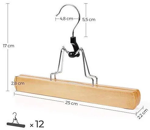 Set 12 umerase din lemn, Songmics, Pentru pantaloni, CRW007-12, Natural, 9.8 x 8.7 cm
