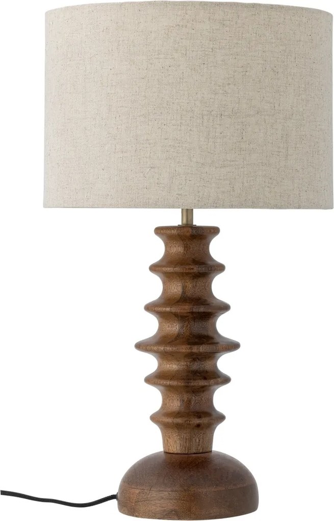 Lampă de masă din lemn de mango, maro, picior sculptat din forme rotunjite suprapuse, abajur textil, finisaj lăcuit, 52 x 30 cm, „Elinora”