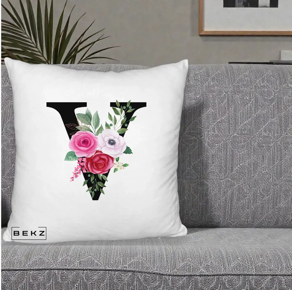 Cadou Personalizat - Perna Personalizata Monograma Florala Litera V cu Buchet, 40x40 cm, Alb Pufos, Husa Detasabila, Perna Inclusa, BEKZ®