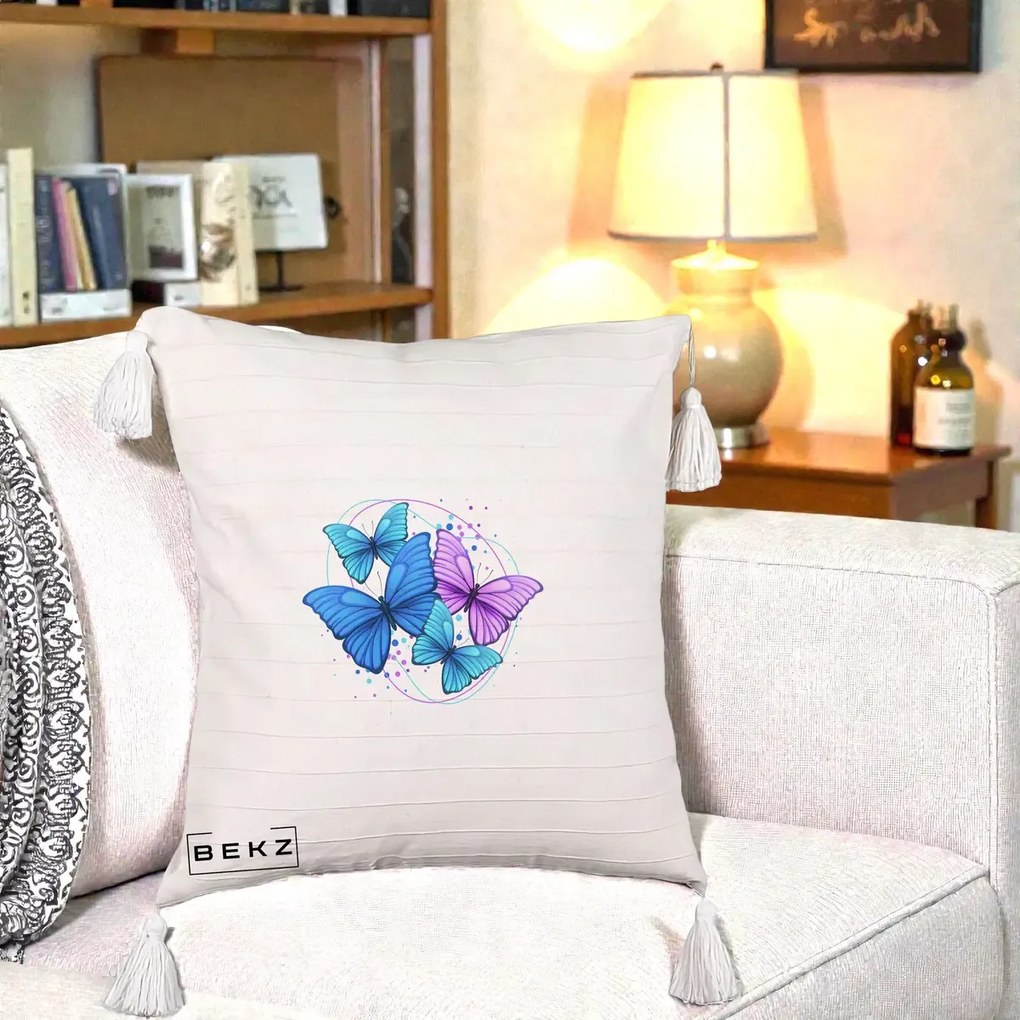 Perna Decorativa Patru Fluturi Turcoaz-Violet, 40x40 cm, Bej cu Franjuri, Husa Detasabila, Perna Inclusa, BEKZ®