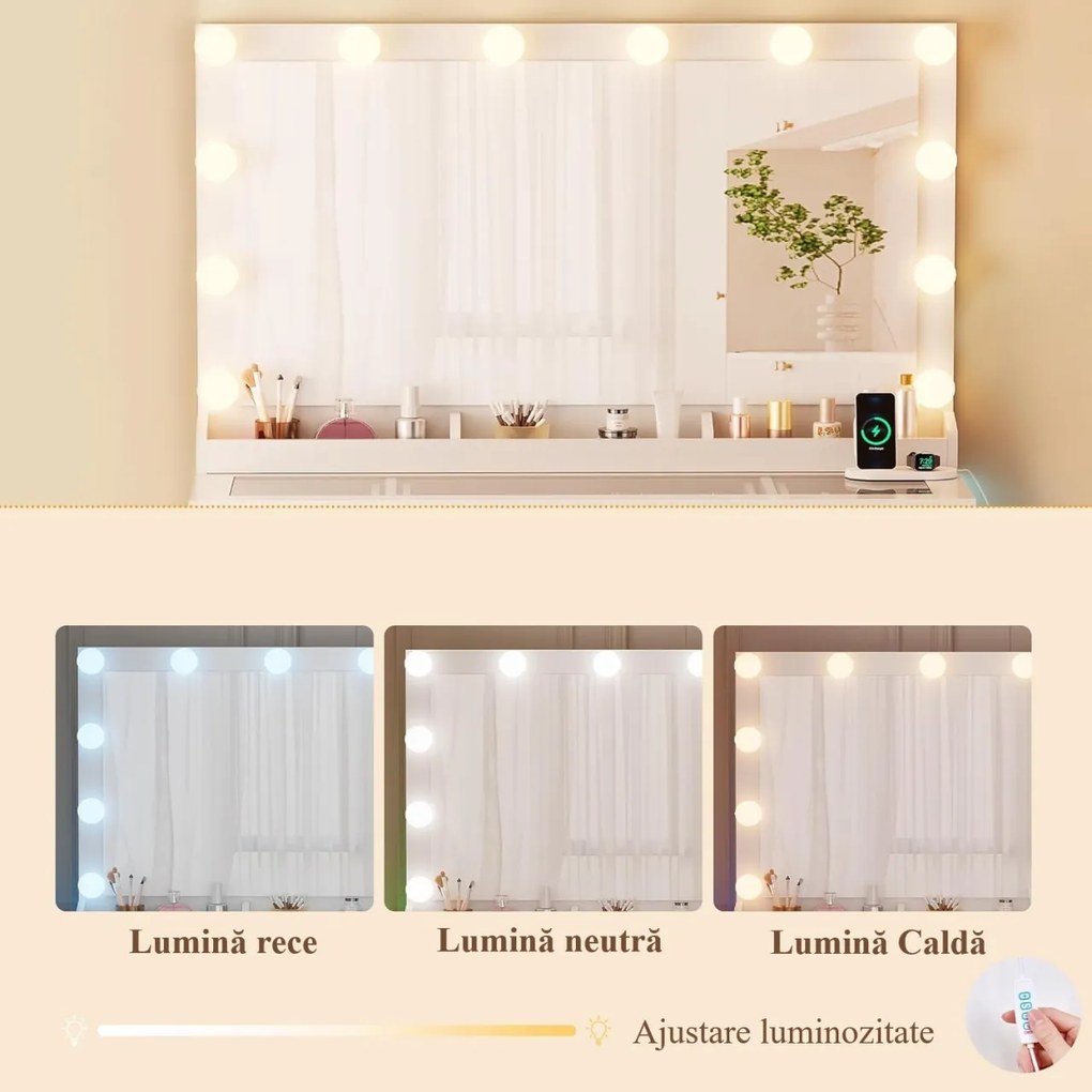 Masuta machiaj cu Oglinda LED si 3 Sertare pentru Cosmetice, Set Masa toaleta 110 cm, Alb, masuta cosmetica, vanity - SEA2
