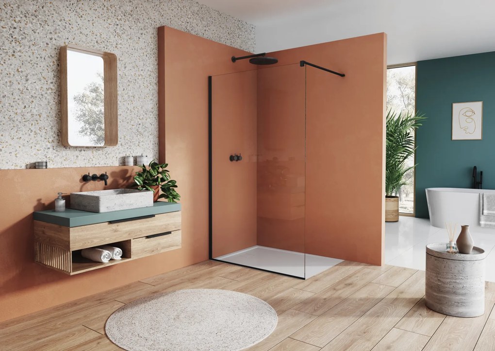 Paravan dus sticla walk-in 80x200 cm cu cadru metalic negru Sanswiss Easy 800x2000 mm, Negru mat