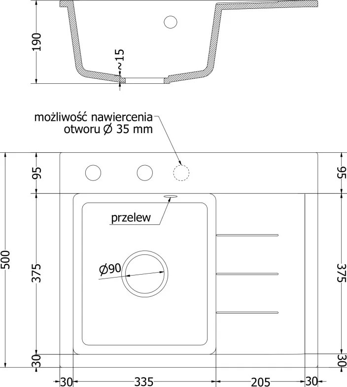 Mexen Ben chiuvetă de granit cu 1 compartiment cu scurgător, stânga 600 x 500 mm, bej, sifon auriu - 6522605000-69-G