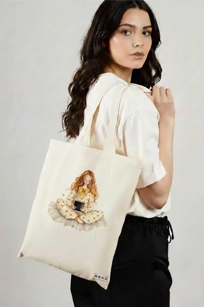 Sacosa de Panza pentru Cumparaturi, Geanta Tote, model The bookie girl 38 x 34.5 cm, Alba, BEKZ®