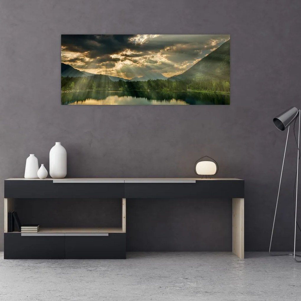 Tablou cu lac și soarele translucid (120x50 cm)