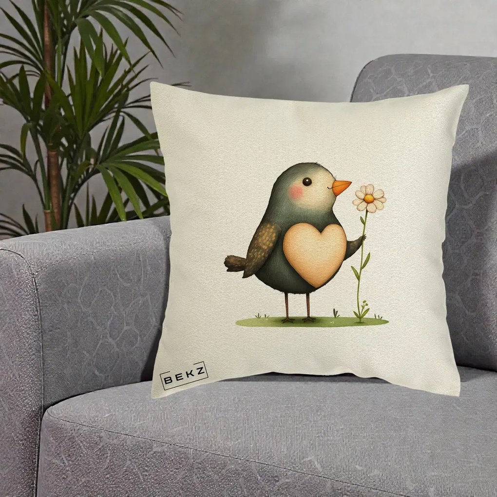 Perna Decorativa Pasare cu Inima si Margareta, 40x40 cm, Ecru, Husa Detasabila, Perna Inclusa, BEKZ®