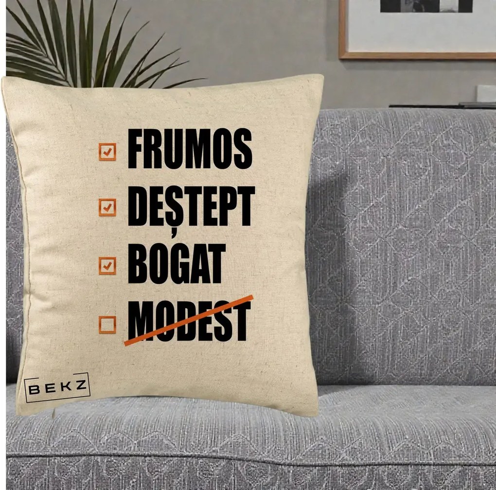 Perna Decorativa Frumos Destept Bogat, 40x40 cm, Bej, Husa Detasabila, Perna Inclusa, BEKZ®