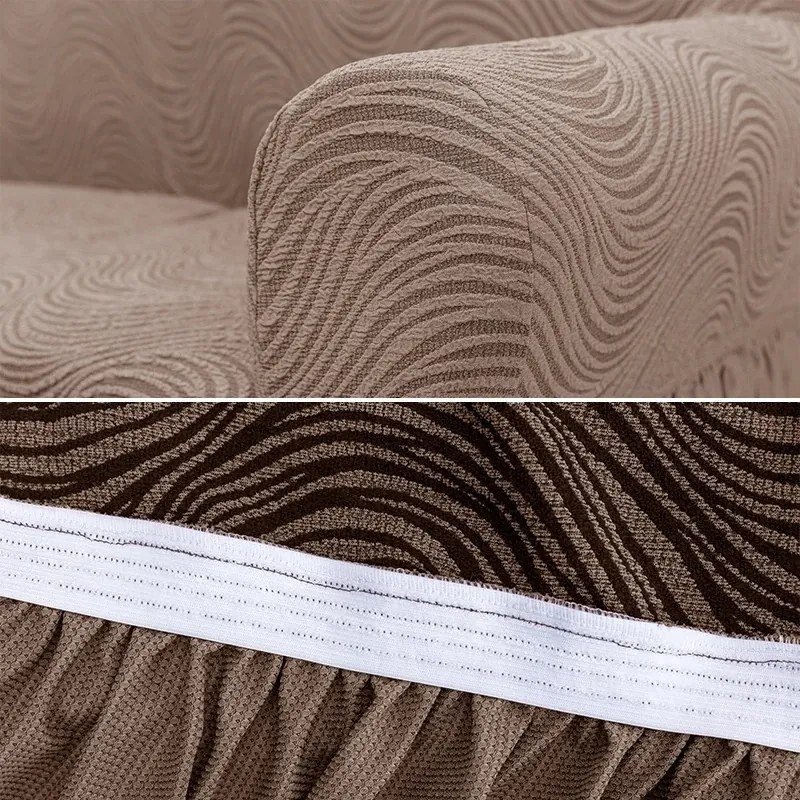 Set 2 Huse elastice pentru fotolii, cu volanas si model Jacquard Cappuccino in dungi