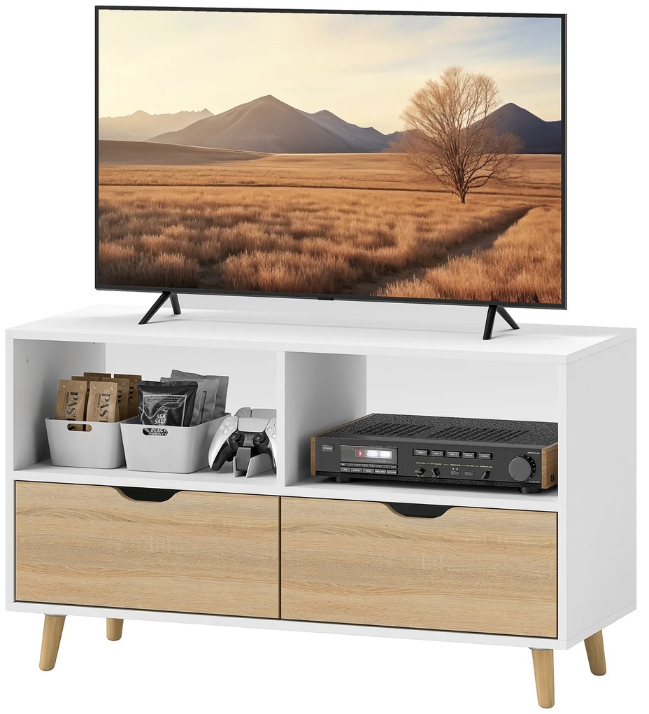 HOMCOM TV-bench, TV-kommod cu sertare, rafturi deschise, lemn, 99 x 39 x 58 cm, Alb | Aosom Romania