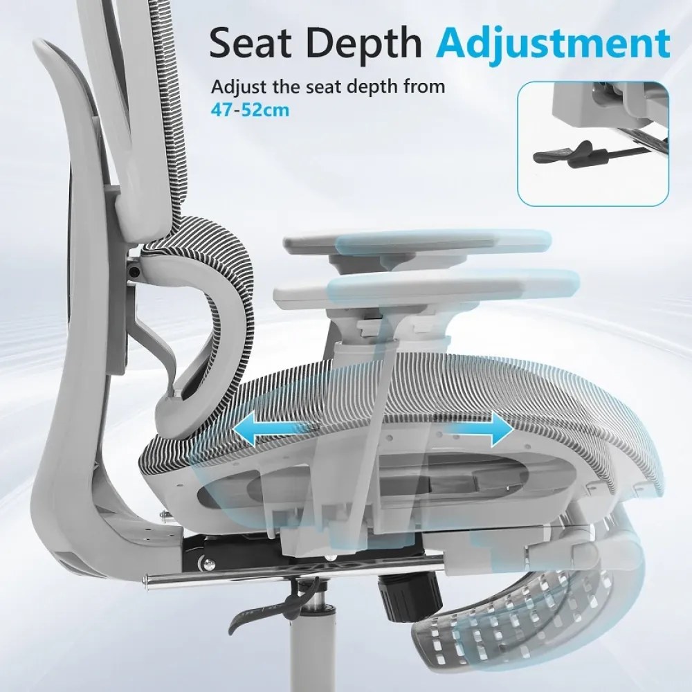 METACHAIR PRO Scaun ergonomic, sezut translatie, cotiere 3D, suport picioare, roti silicon, Full Mesh, Gri