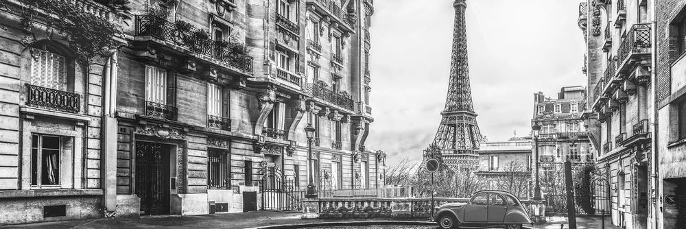 Tablou priveliște a Parisului dintr-o străduță simplă alb-negru