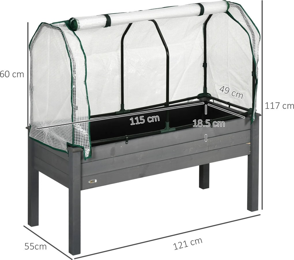 Outsunny Pat de Grădină Înălțat cu Acoperiș din PE, Jardinieră din Lemn pentru Exterior cu 4 Orificii de Drenaj, pentru Flori și Legume, pentru Grădină, Balcon, 121x55x117 cm, Gri Închis | Aosom Romania