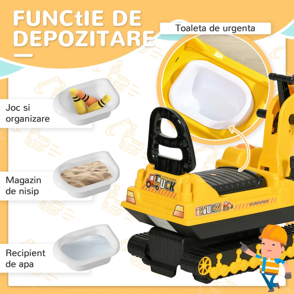 Excavator de jucarie pentru copii HOMCOM, 78x24x58,5cm, galben | Aosom Romania