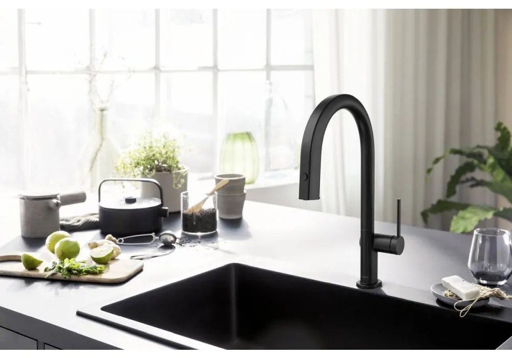 Baterie chiuveta cu capat extractibil si filtrare, sBox, negru mat Negru mat