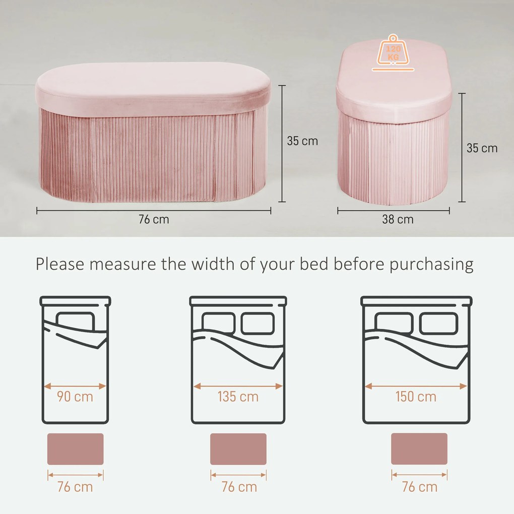 HOMCOM Pouf pliabil cu spațiu de depozitare modern, tapițat cu catifea, 72L, pentru living și dormitor, 76x38x35 cm, Roz | Aosom Romania