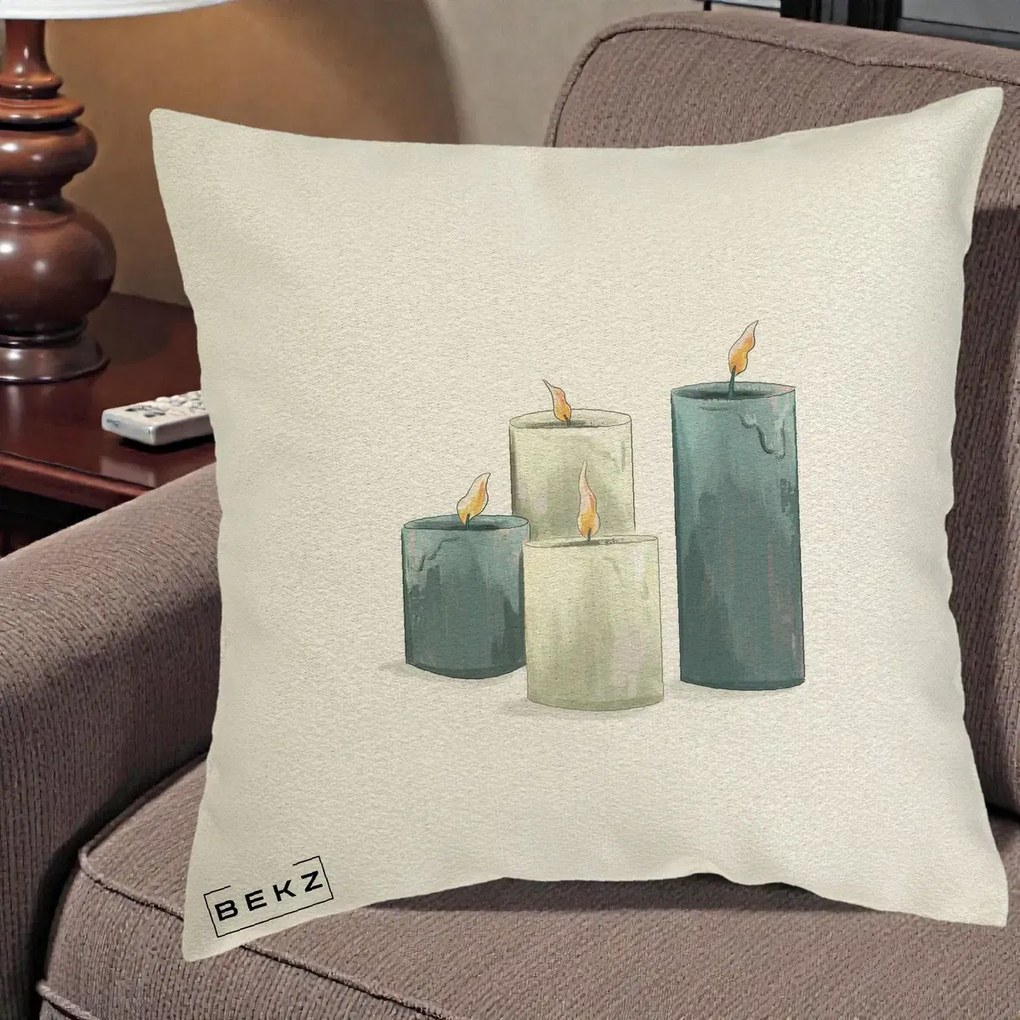 Perna Decorativa Lumanari Hygge Alb-Verde, 40x40 cm, Ecru, Husa Detasabila, Perna Inclusa, BEKZ®