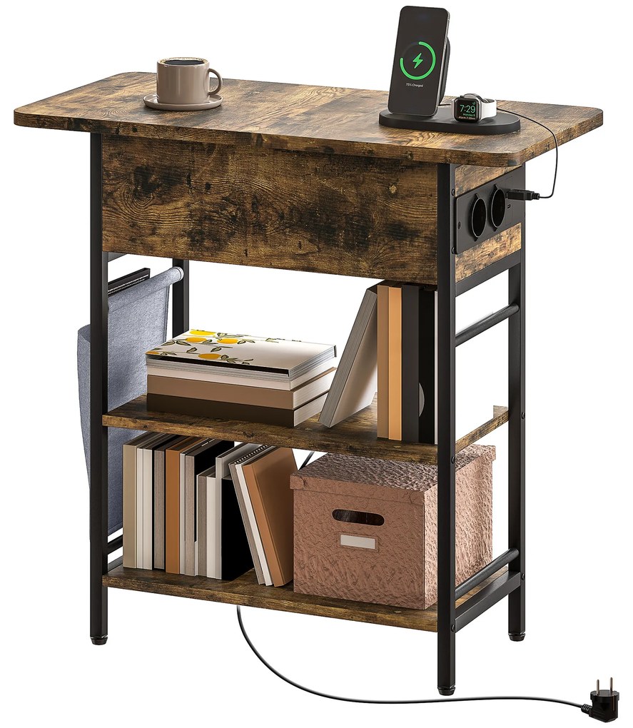 HOMCOM Măsuță de cafea măsuță de cafea cu stație de încărcare și buzunar de depozitare, 60 x 29,8 x 58,5 cm, brun rustic | Aosom Romania