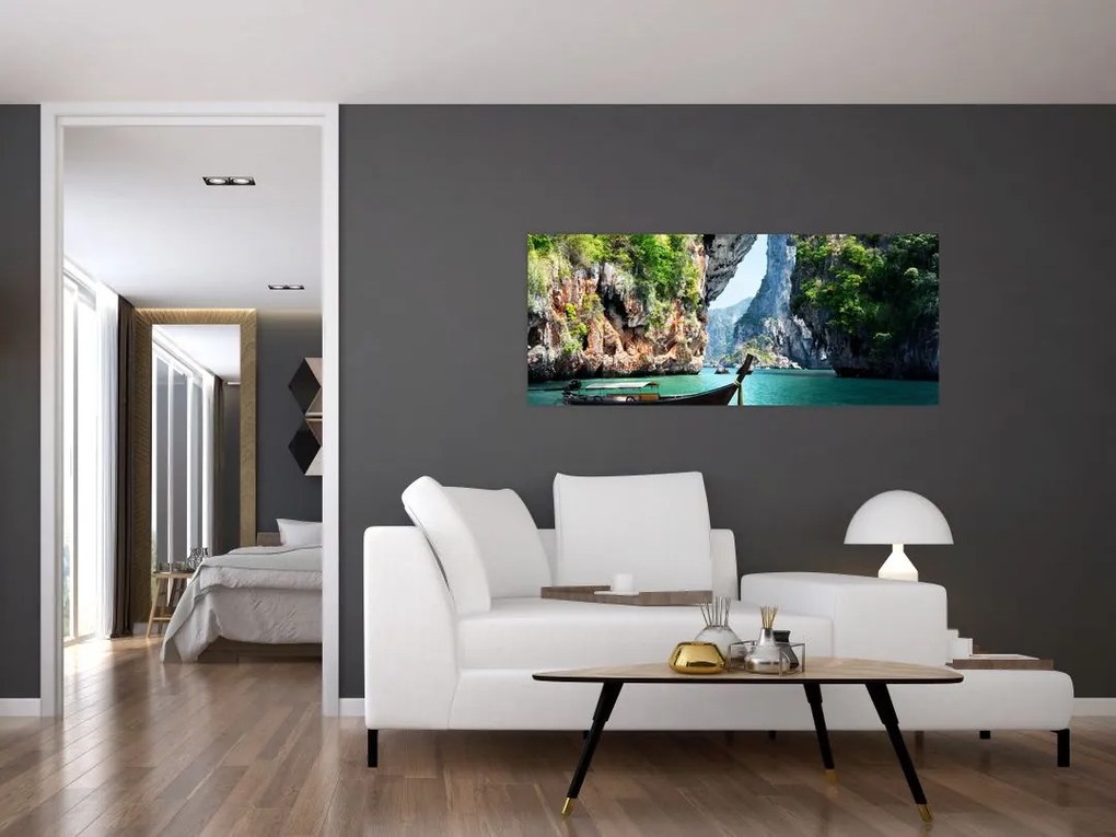Tablou cu navă lungă pe plajă (120x50 cm)